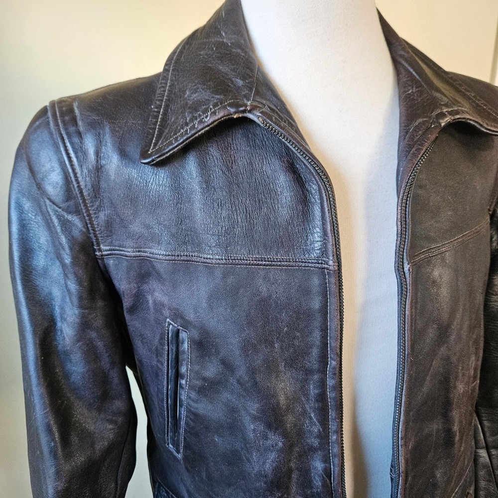 Vintage Penneys‎ Towncraft Leather Car Coat Brown 50s 60s Talon Zip Distressed - Picture 4 of 16